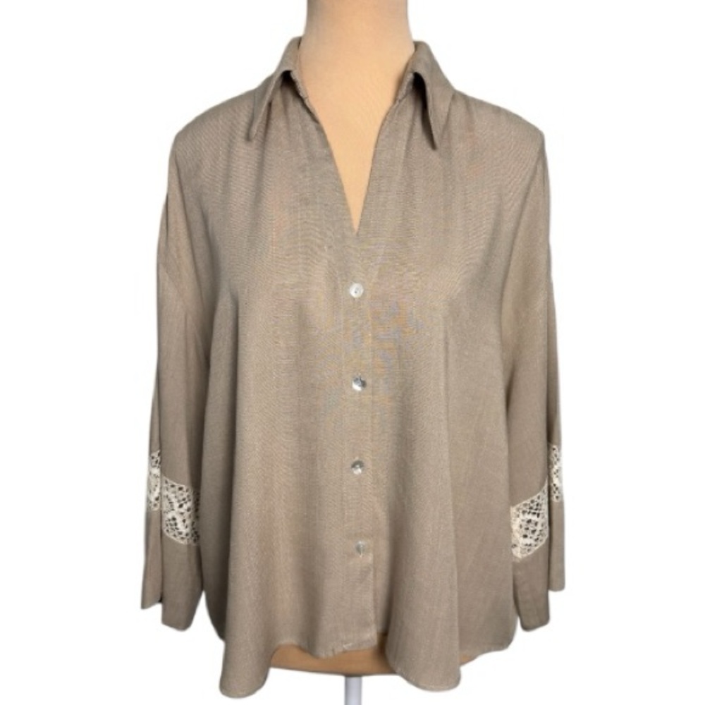Zara Boho Chic Drop-Shoulder Beige Blouse with Delicate Lace Cuffs - Size Small